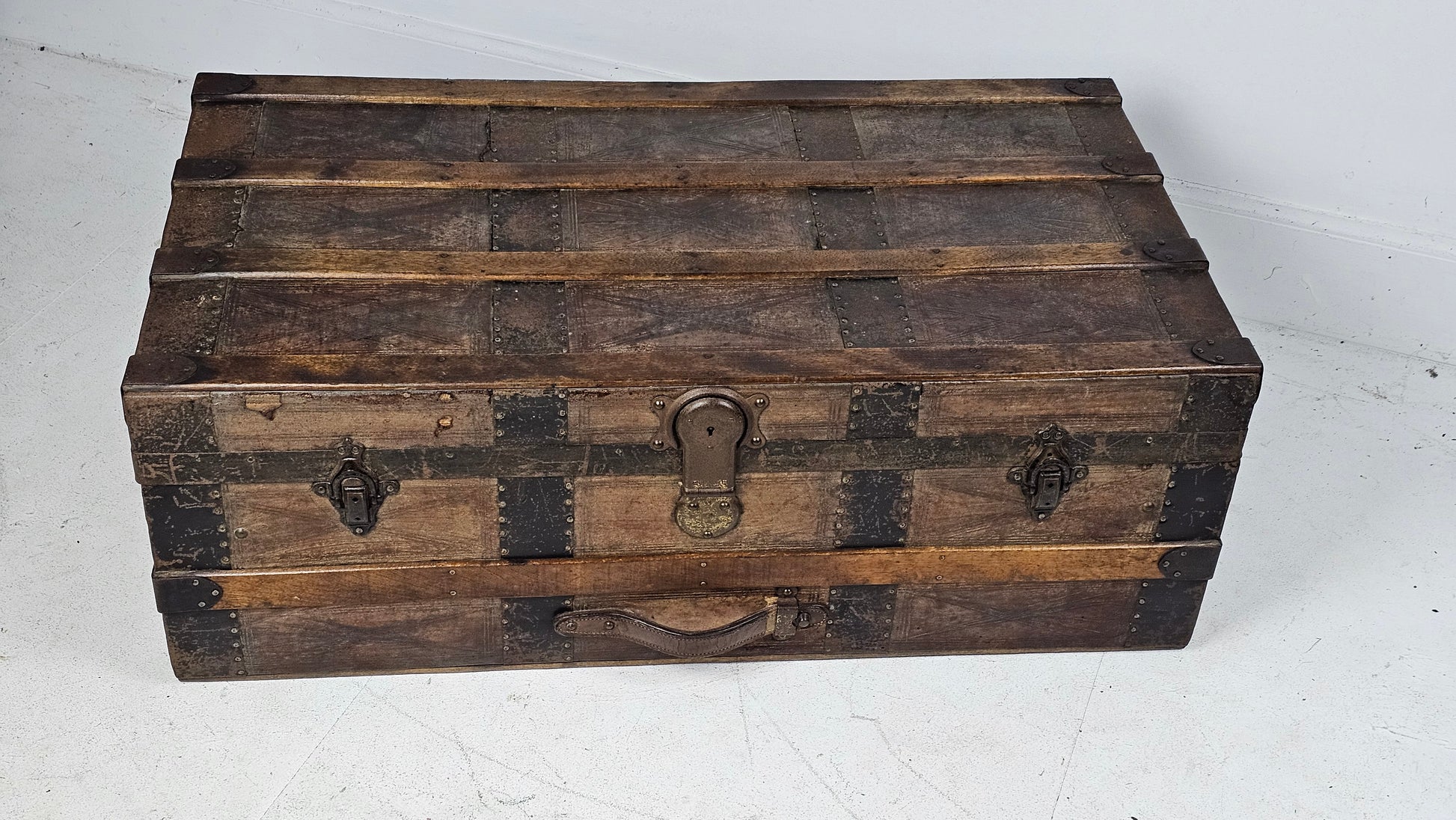 antique leather bound storage trunk