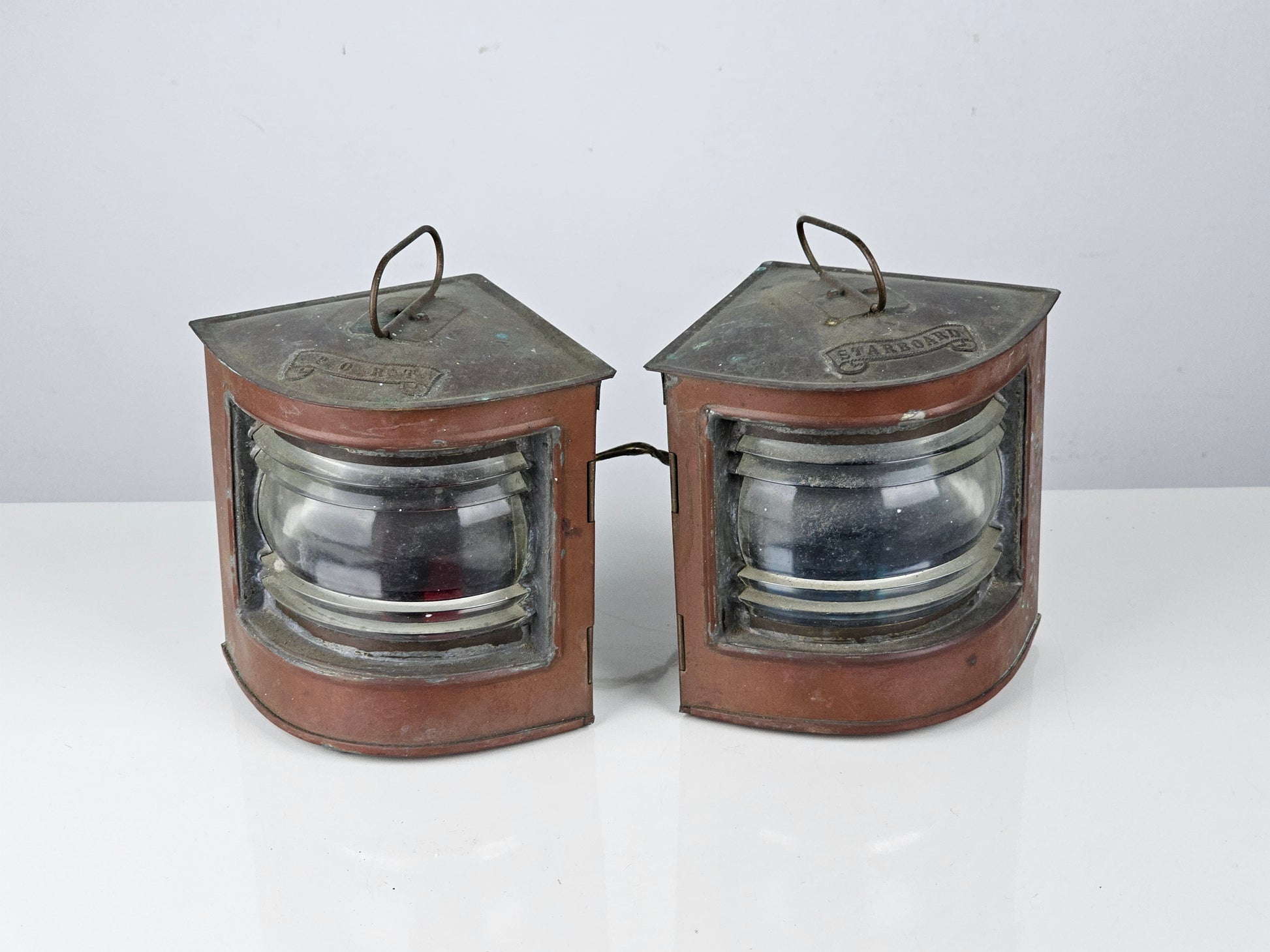 vintage port & starboard lamps in copper cases