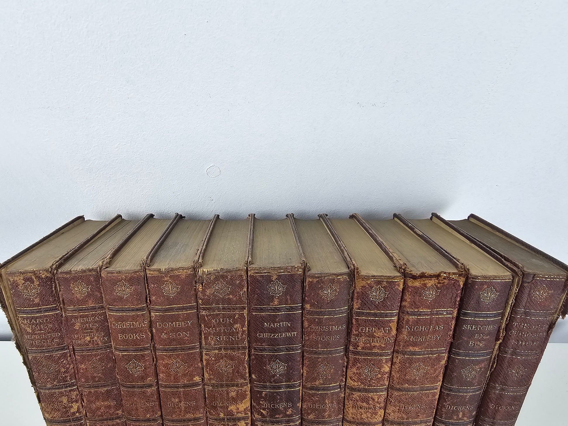 Row of old leather-bound books on a white surface with a light gray background
