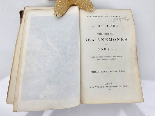 Open book titled 'A History of the British Sea-Anemones and Corals' by Philip Henry Gosse.