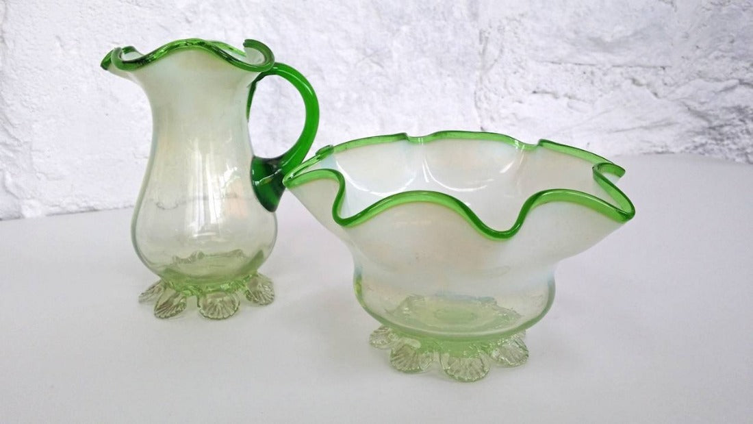 Green & white Opalescent Vaseline Glass