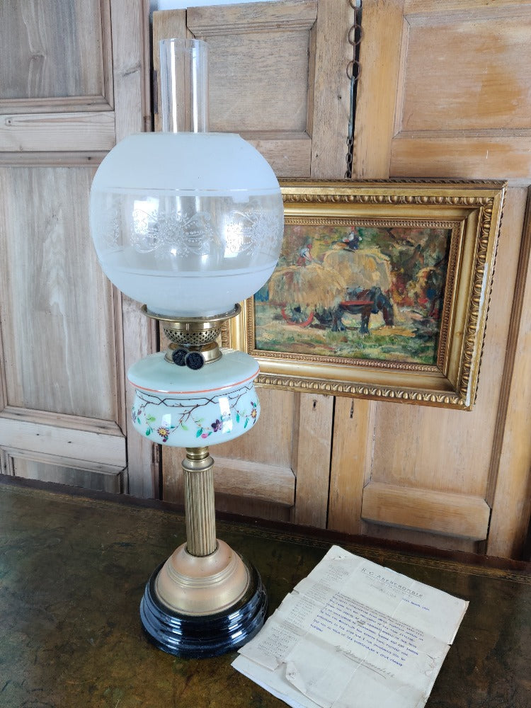 Hand Painted Glass & Brass Oil Lamp