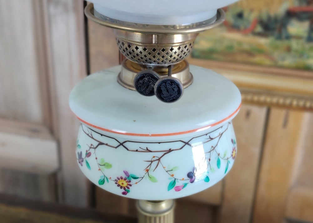 Hand Painted Glass & Brass Oil Lamp