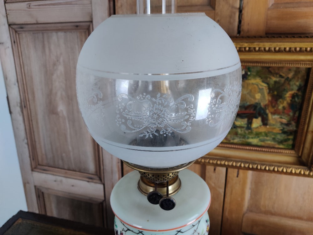 Hand Painted Glass & Brass Oil Lamp